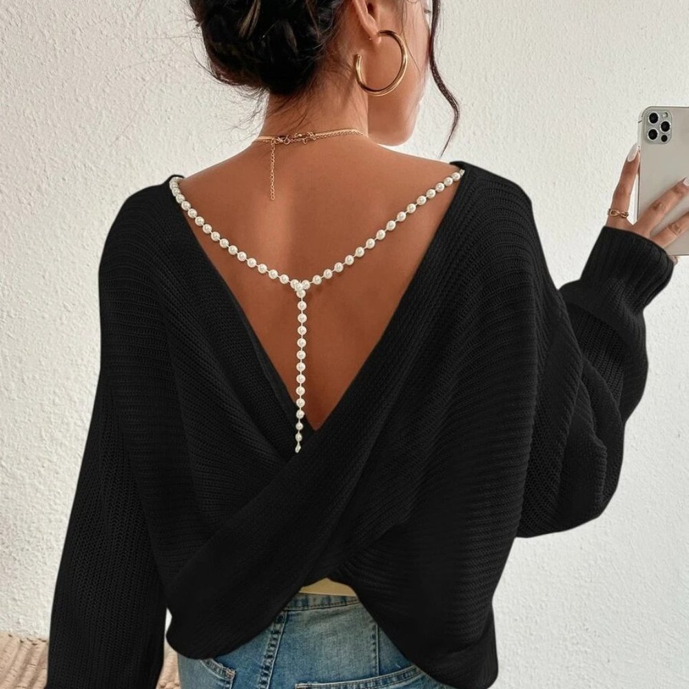 Black Crossover Back Beaded Pearls Pullover Sweater